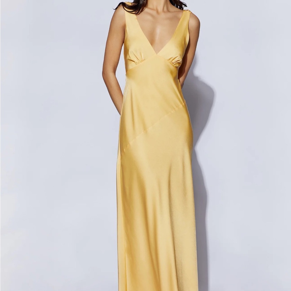 Yellow Maxi Satin Dress With Back Cowl